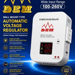 DEM Wall Mount Automatic Voltage Regulator – 100V–260V Stabilizer with USB & Digital Display